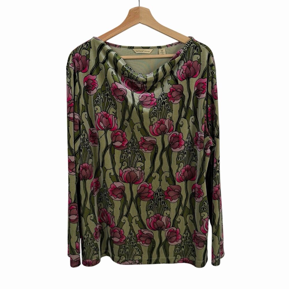 Bechamel 1X Velvet Tunic Green Art Nouveau Tulip Print Cowl Neck Stretch Blouse